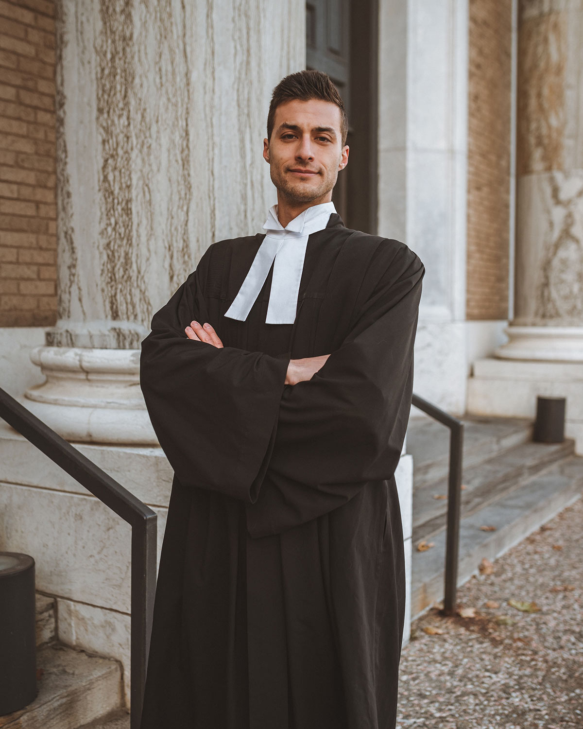 Me Kevin Klein, criminal defence lawyer, in robes outside the courthouse